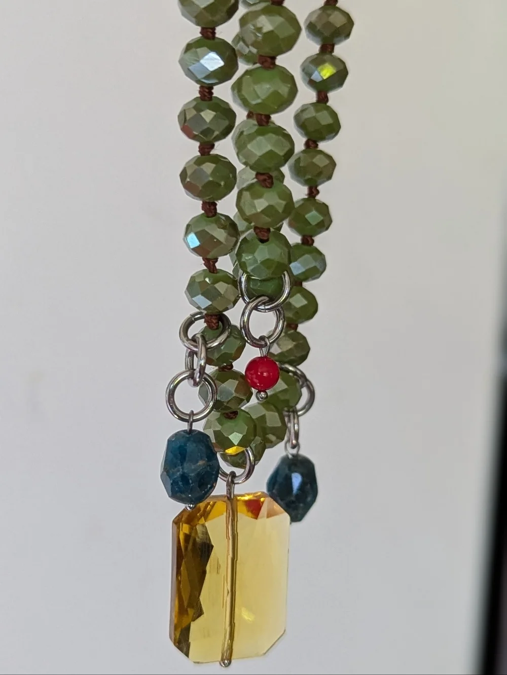 Katia Designs Green Olivine Crystal Necklace Yellow, Aqua, Red Accent Beads - Picture 3 of 5